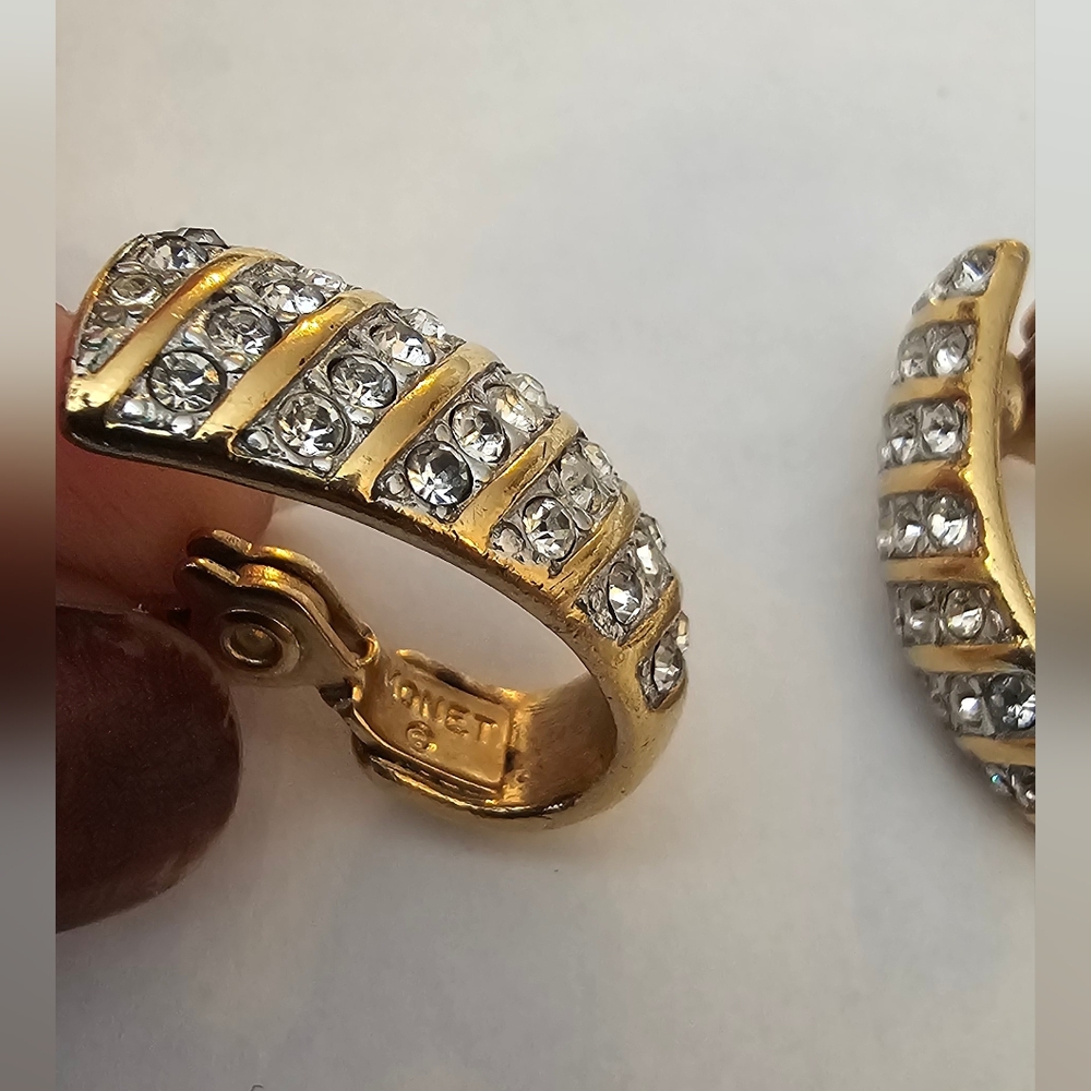 Vintage Monet Gold Tone With Clear Rhinestones J Hoop Clip-On Earrings